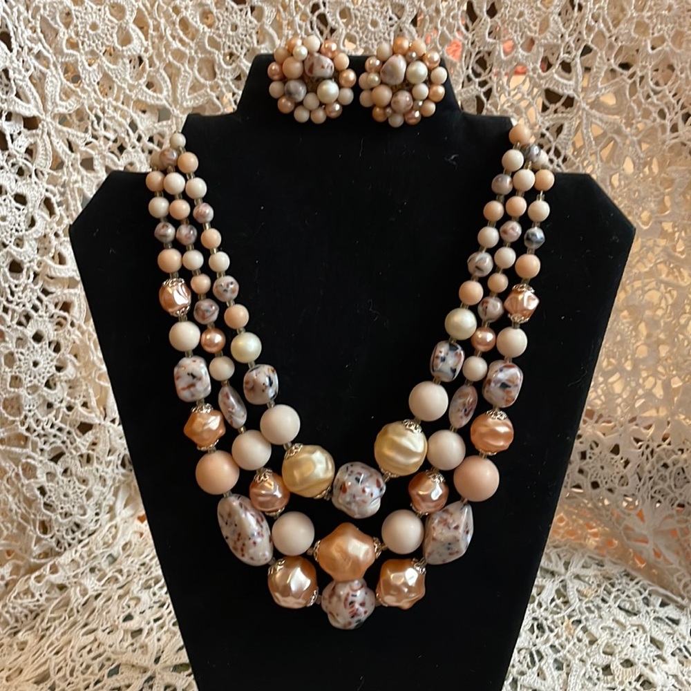 Vintage three tiered cream, beige and stone beaded necklace and earrings set.
